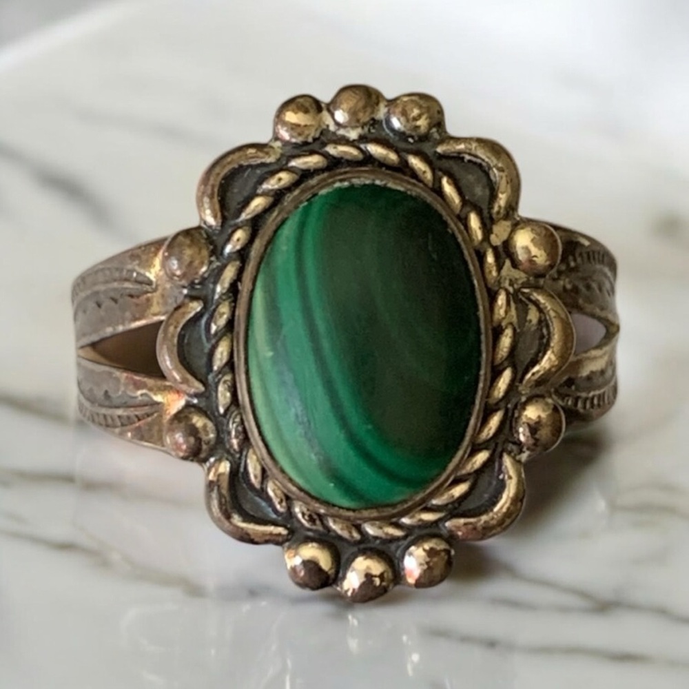 Vintage Navajo Malachite Stone Ring, Size 6